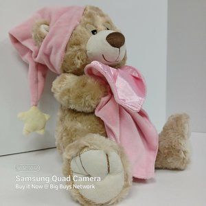 Toys R Us Tan Teddy Bear Bedtime Plush Baby Girl Sleep Pink Cap Security Blanket